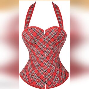 Vibrant Red Plaid Halter Corset Top XXL*